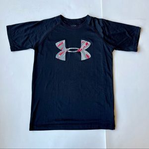 Under Armour XS Loose Heat Gear Black Shirt Gray Red Logo Top Tee